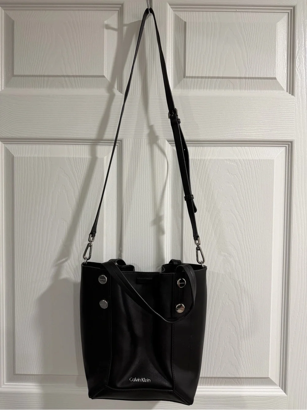 Calvin Klein Black Leather Shoulder Bucket Bag with Silver Hardware